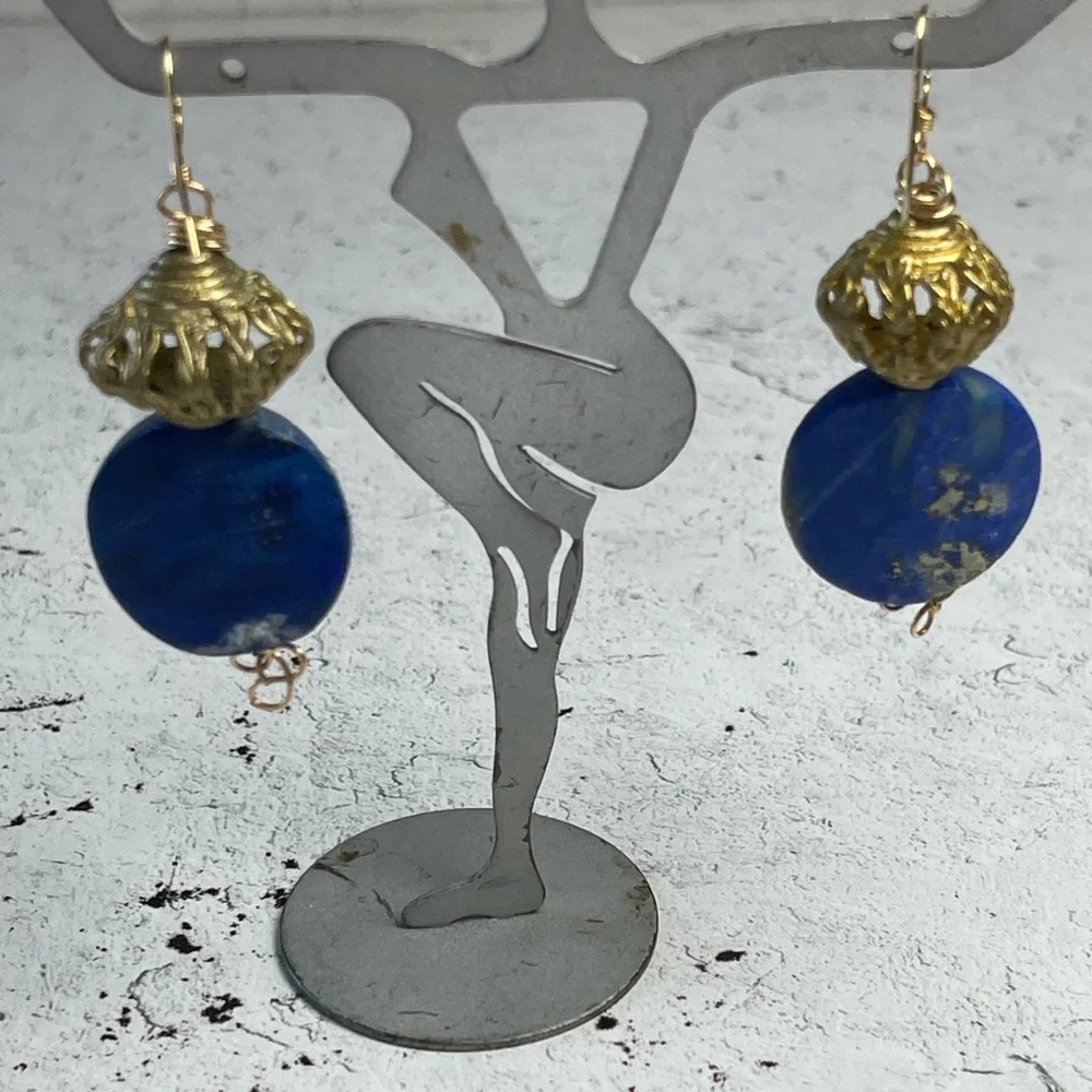 Artisan Blue and Gold Lapis Lazuli Dangle Earrings. - Picture 6 of 6